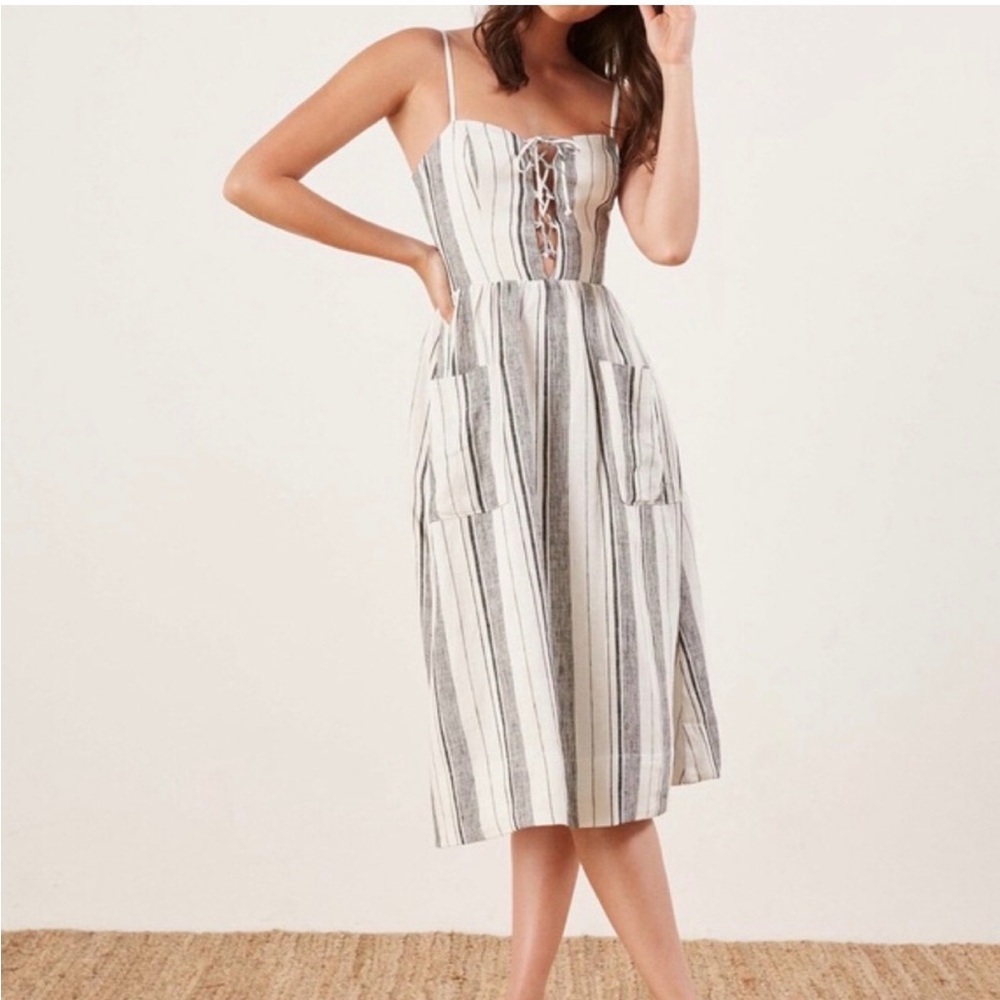 Reformation Ellen White Gray Striped Fit N Flare Linen Midi Dress - Picture 3 of 10